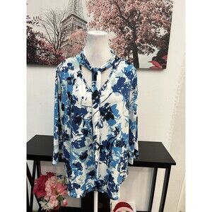PerSeption Concept Women Top Blouse Size L Floral  V Neck With Tie 3/4 Sleeve